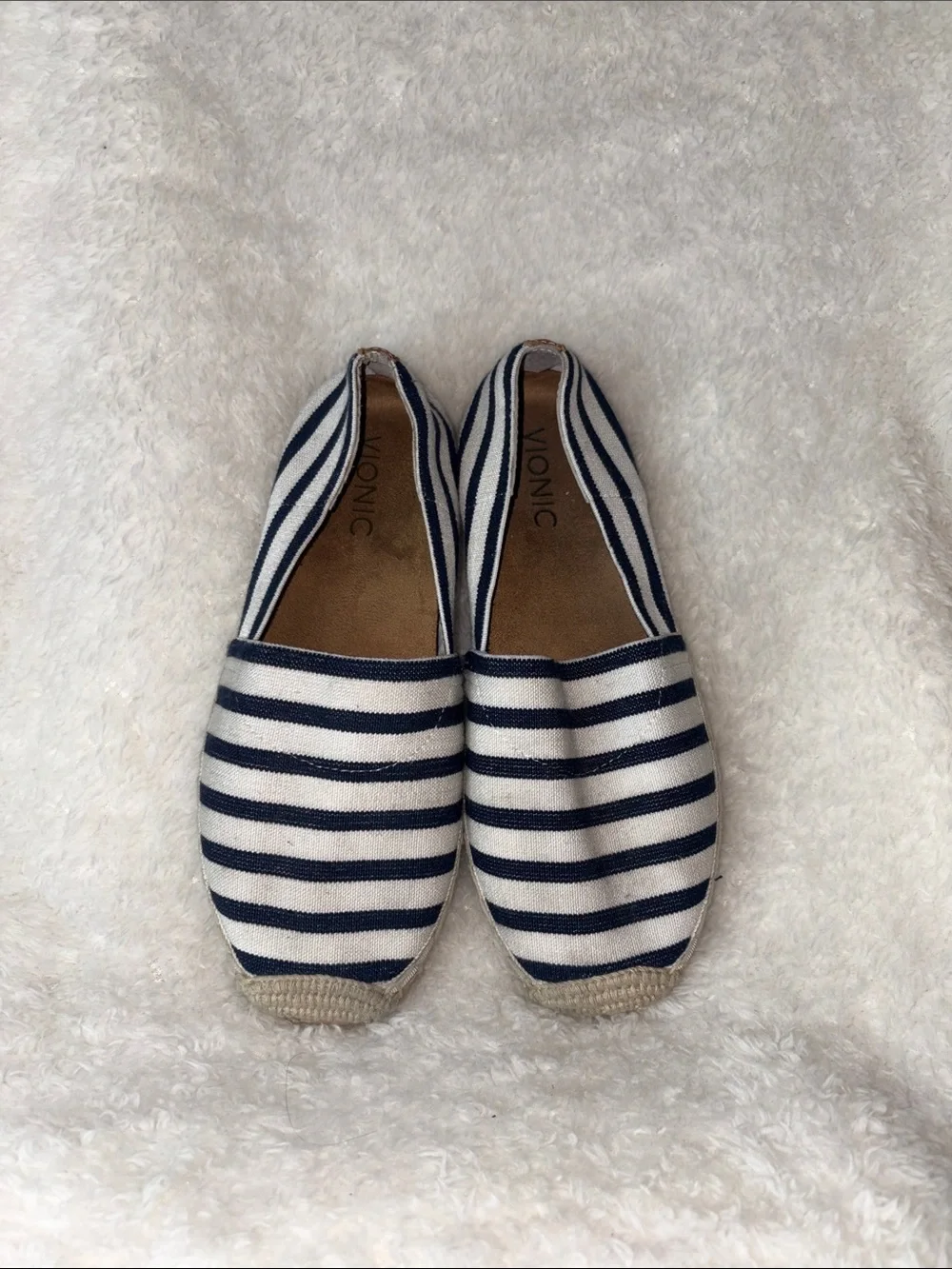 Vionic Valeri Striped Canvas Espadrille Flats Navy Blue White Orthotic Support